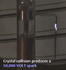 Crystal collision produces a produces a 50,000 VOLT spark